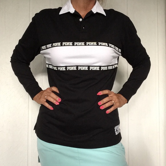 VS PINK BLACK & WHITE COLLEGIATE COLLECTION PINK NATION RUGBY TOP SIZE XS - Picture 4 of 14